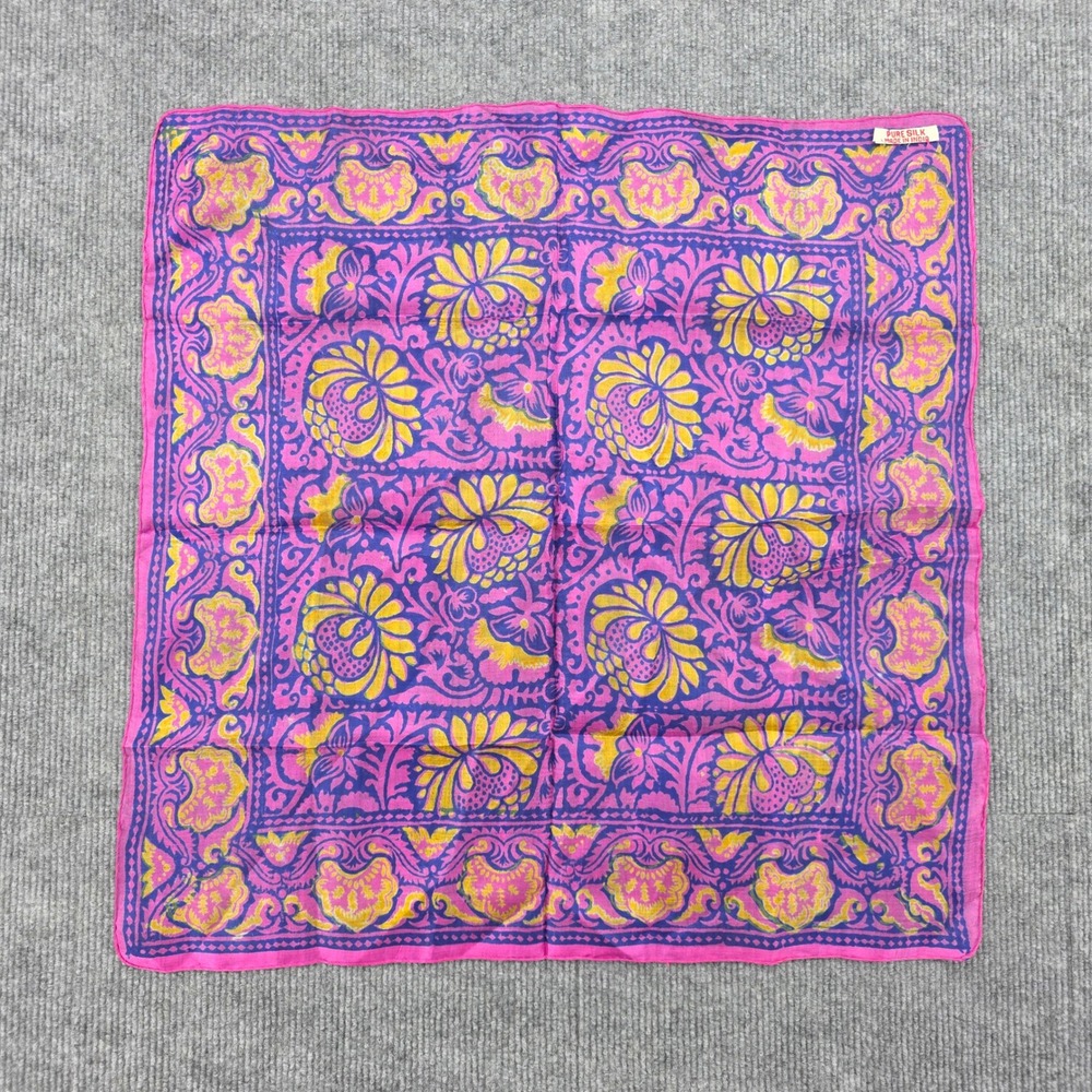 Vintage Pure Silk Scarf Pink Purple Floral Block Print Square India 20.5"